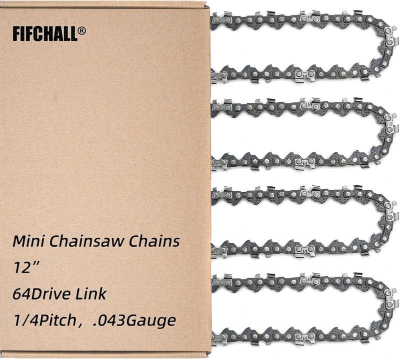 Fifchall 4 Pack 12 Inch Chainsaw Chain 1/4"LP Pitch .043" Gauge 64 Drive Links, Replacement Pole Saw Chain 12-inch Chainsaw Chains Fits for Stihl MSA120 C-B MSA140 C-B and More - Image 1